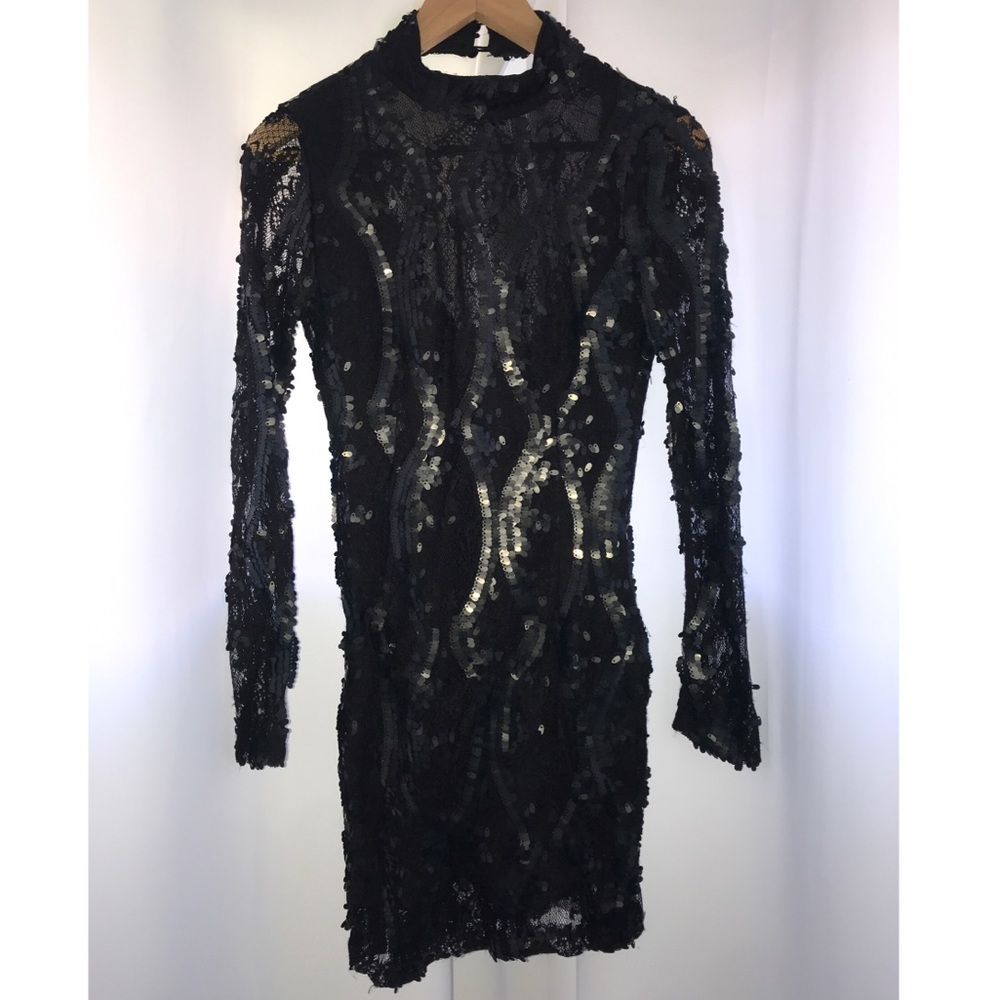 Arden B Black Sequin Sheer Sleeve High Neck Dress